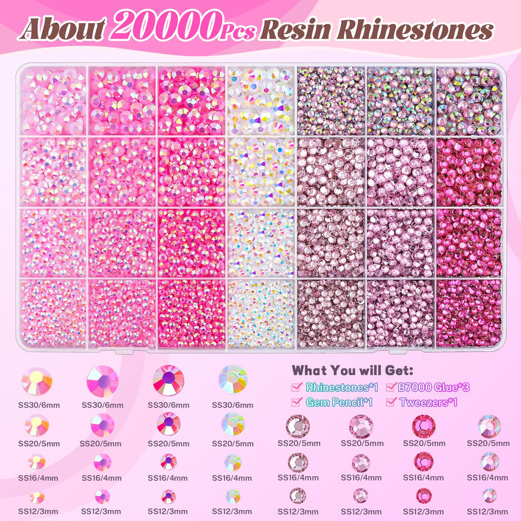 Close-up view of assorted pink resin flatback rhinestones in grid compartments