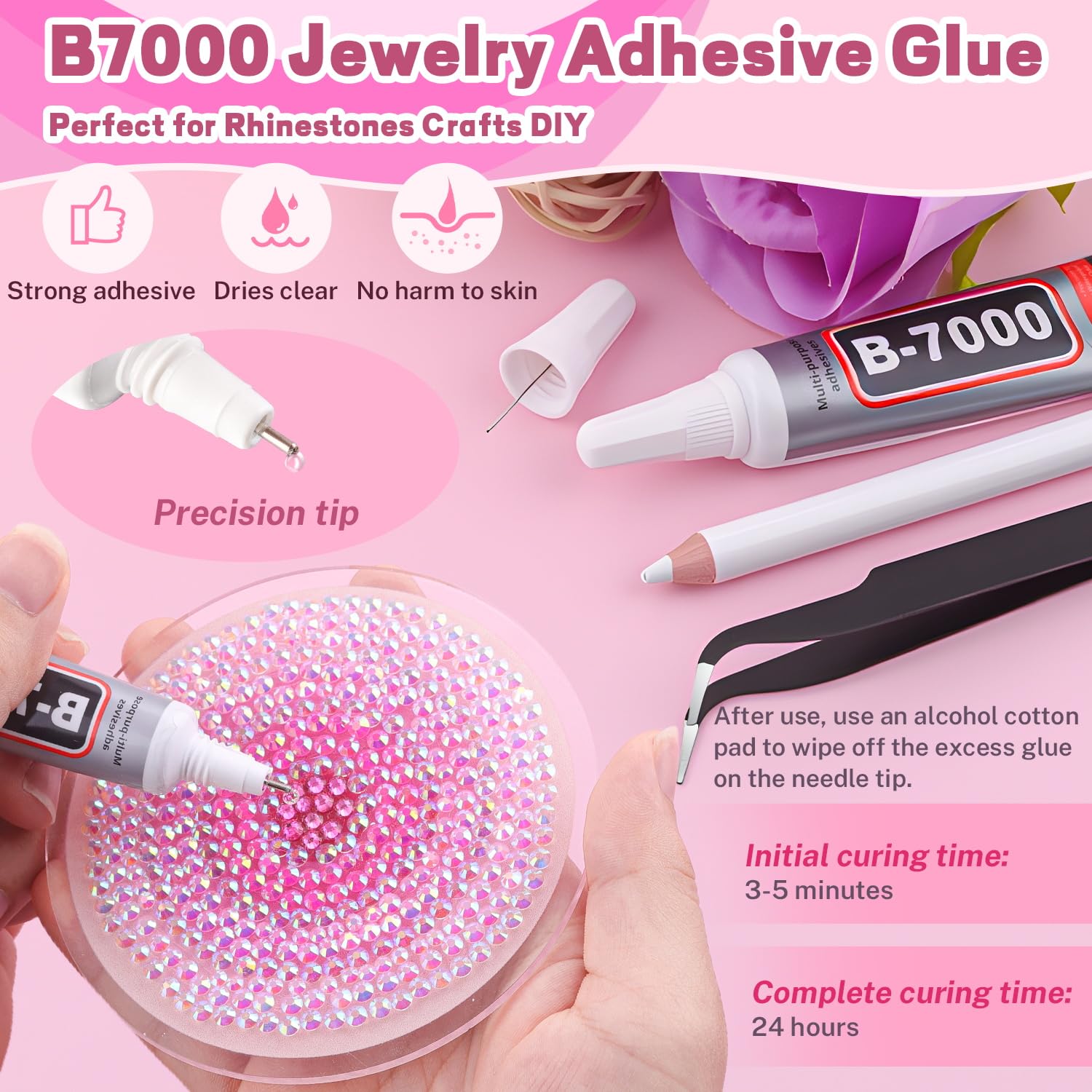 Detailed view of rhinestone sizes and vibrant pink colors