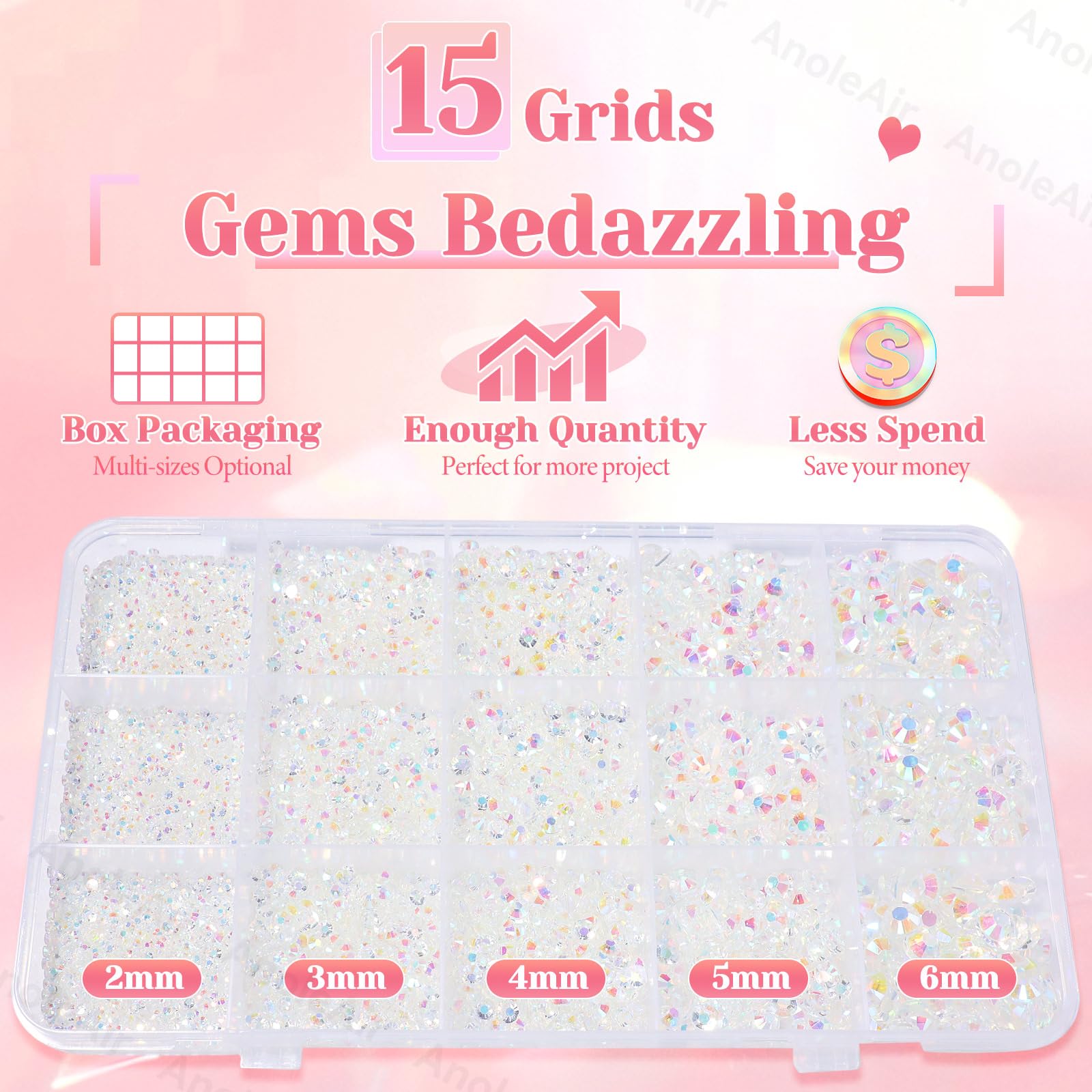 Close up view of mixed size clear white AB resin rhinestones