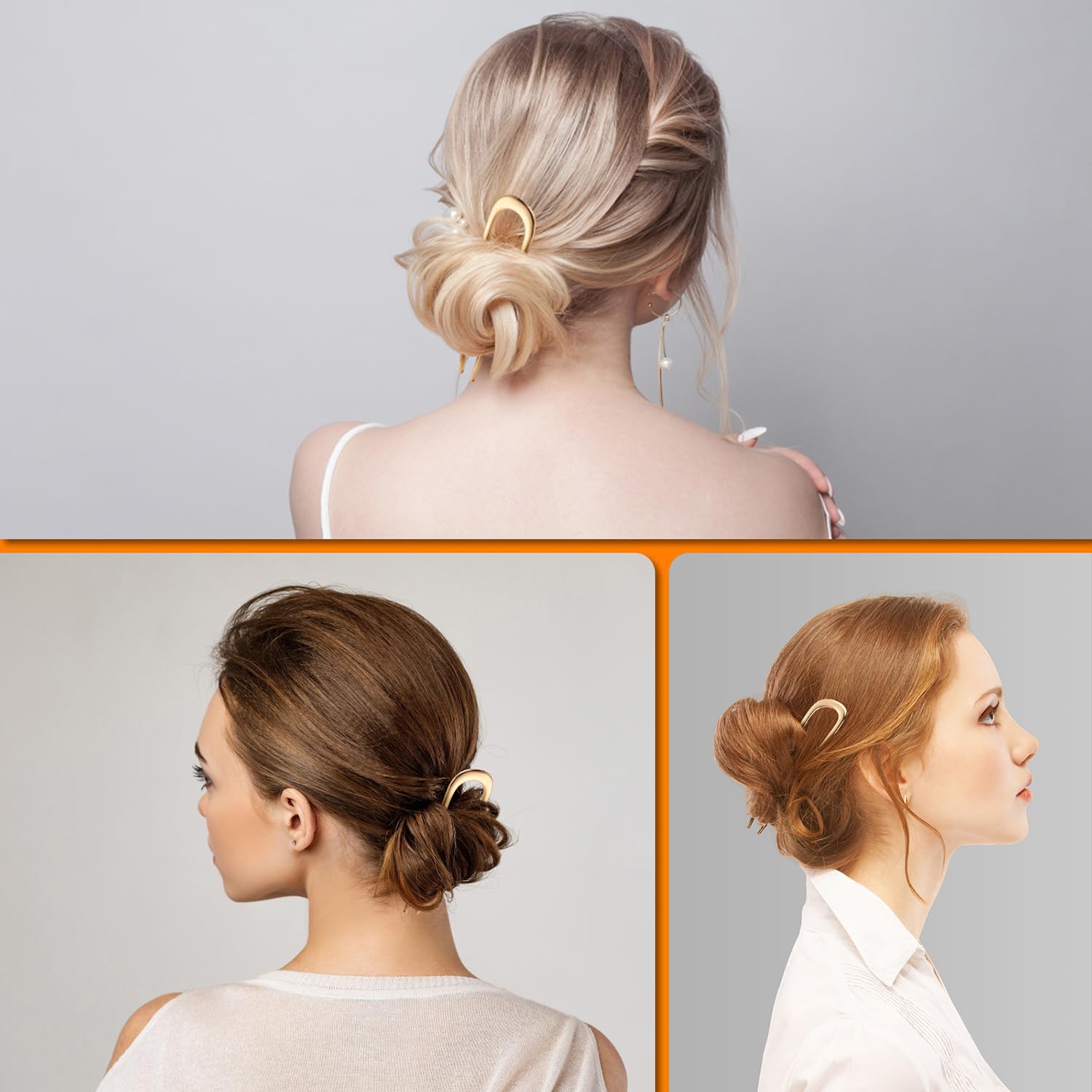 Three metal U-shaped hair accessories for women showcasing the smooth finish and curved profile design.