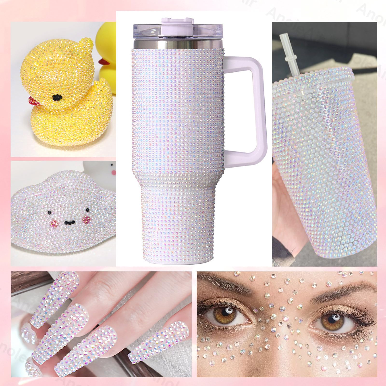 Bedazzled tumbler project showcasing clear white AB resin gems