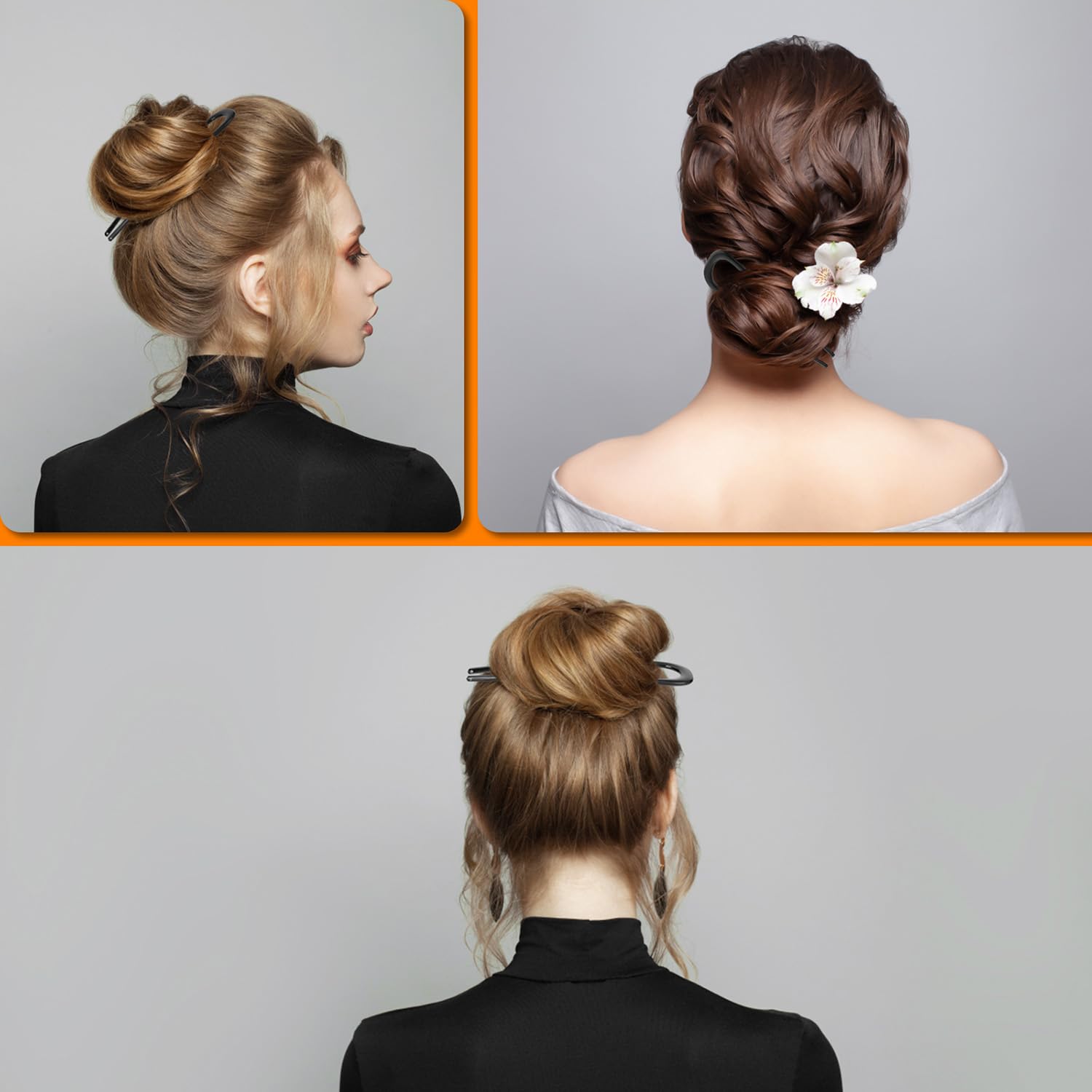 Durable alloy hair forks in classic gold, silver, and black finishes for elegant hair styling.