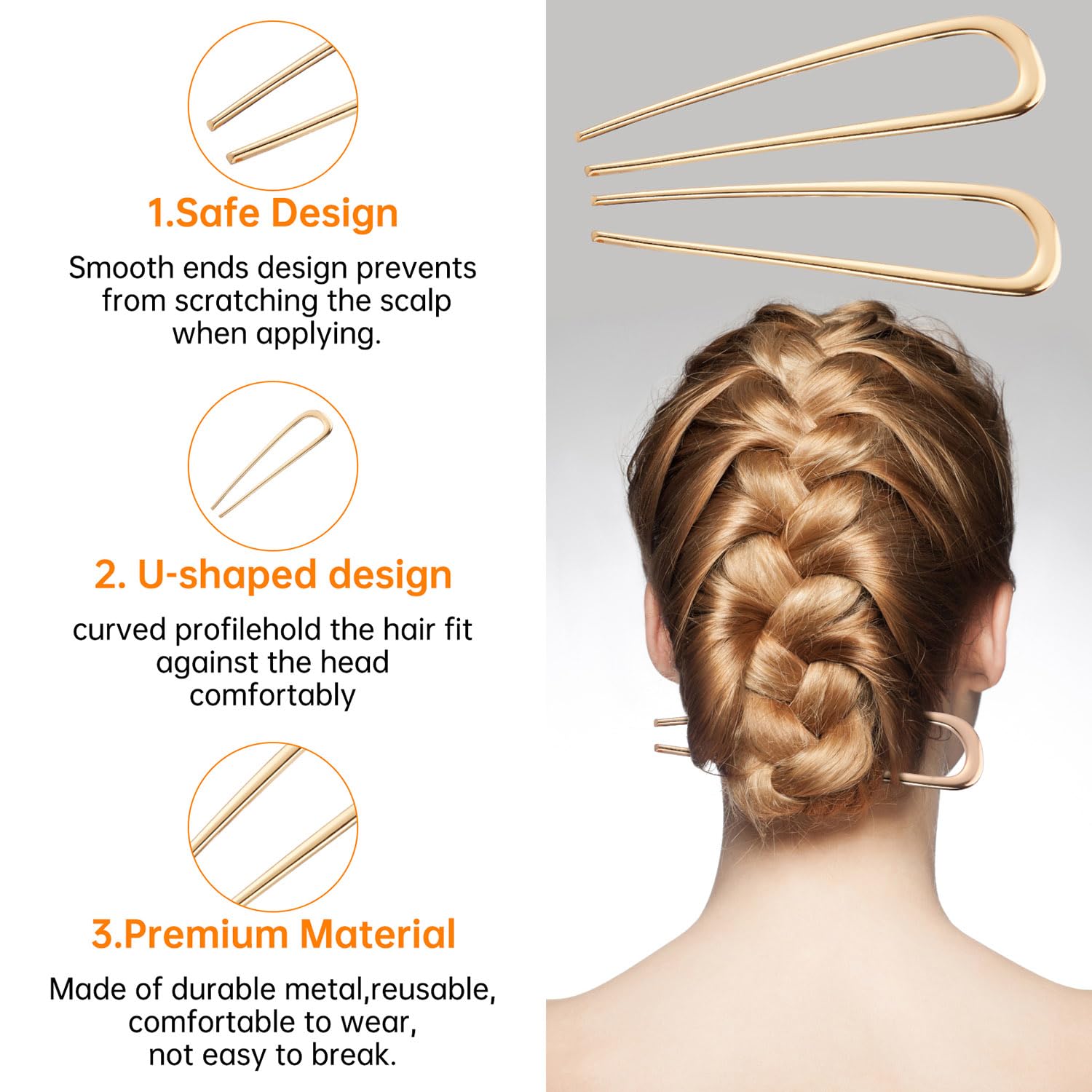 Close up view of the damage free rounded tips on the BEoffer U-shaped hair pins.