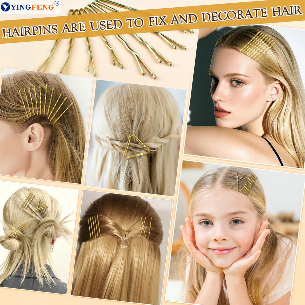 Close up view of blonde wavy bobby pins and U shaped hair clips with protective ball ends