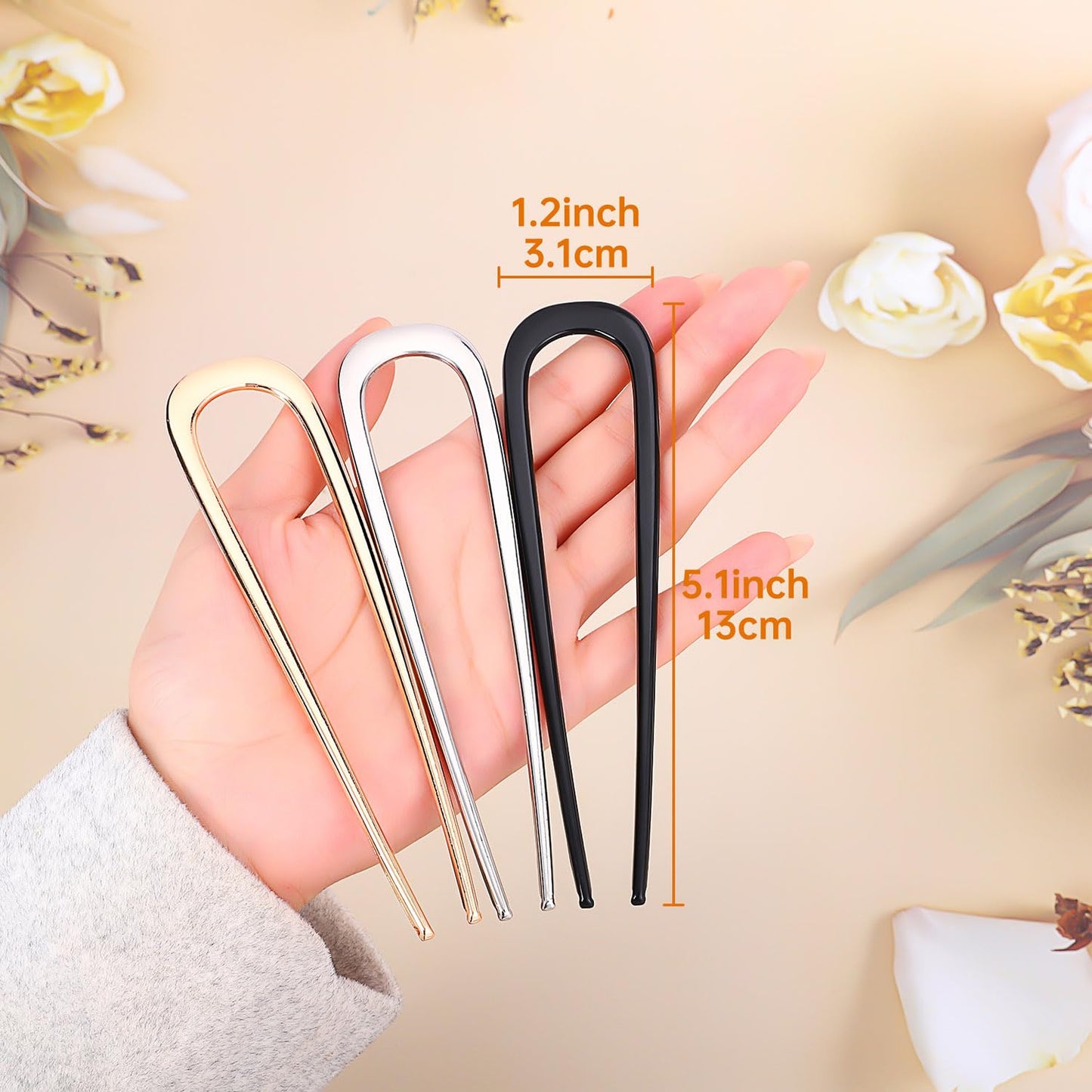 Minimalist metal chignon pins side profile showing the comfortable head contouring curve.