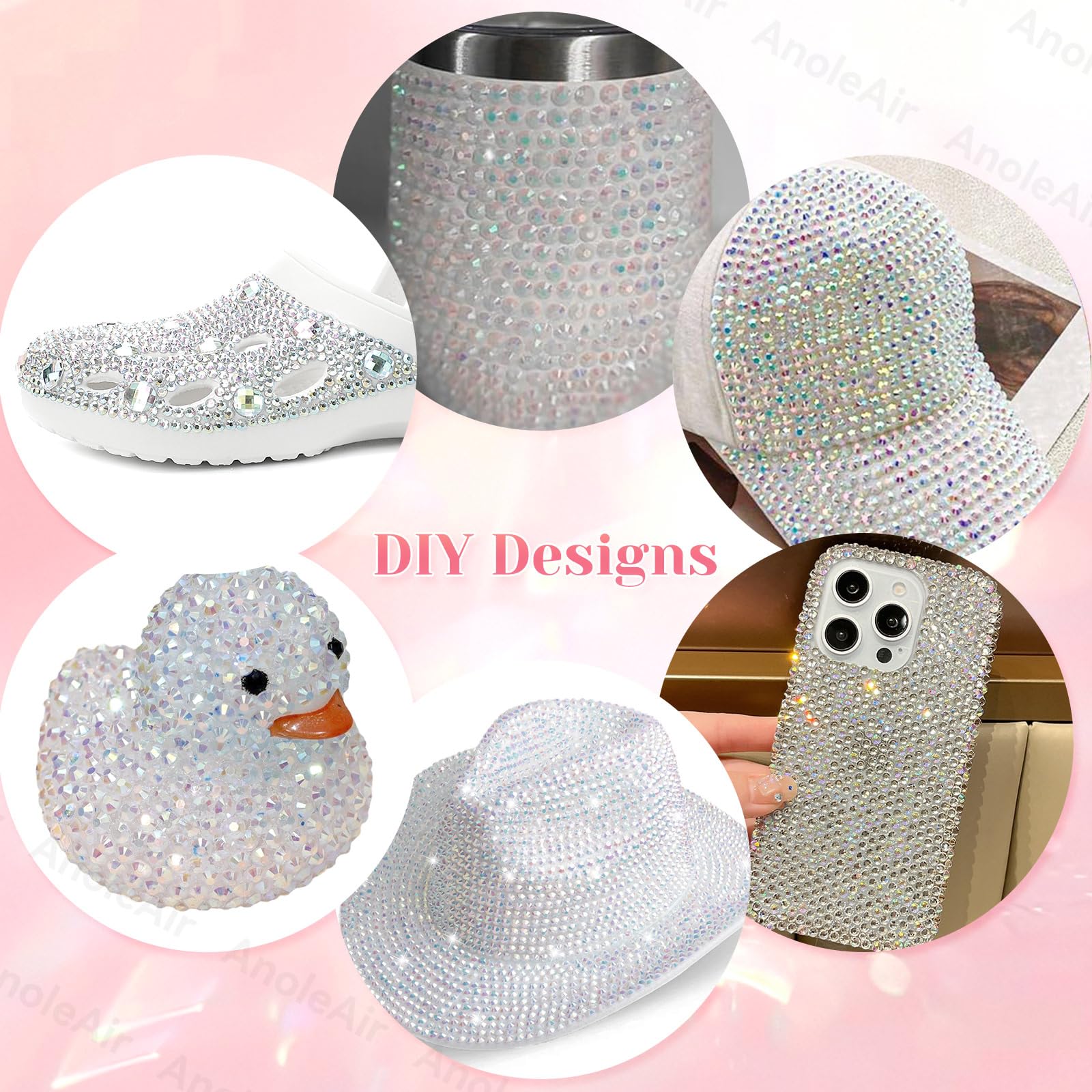 Top view of organized clear white resin rhinestones for crafting