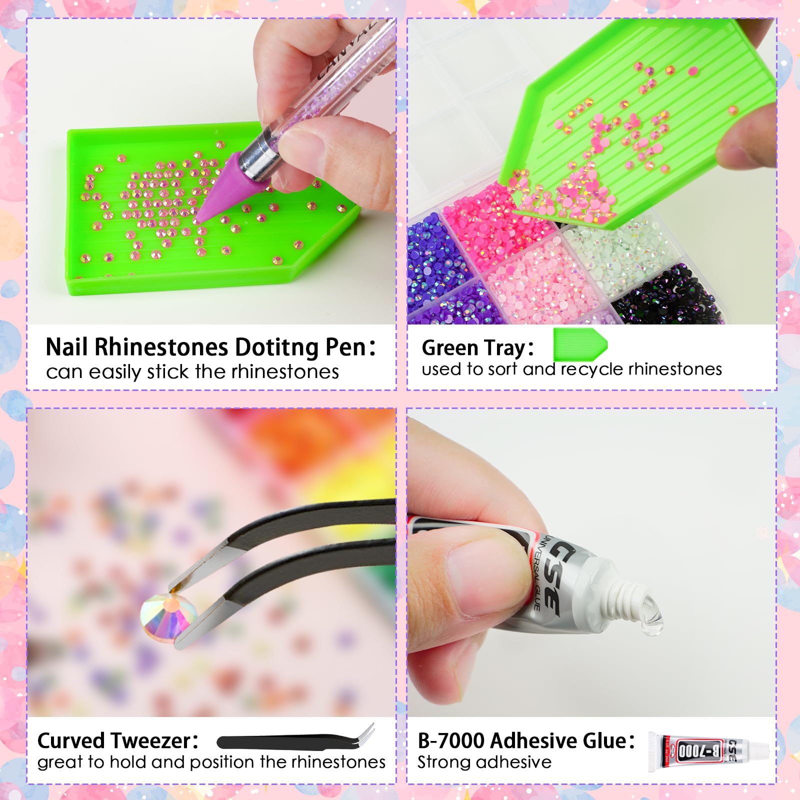 Canvalite bedazzling kit accessories including glue and tweezers