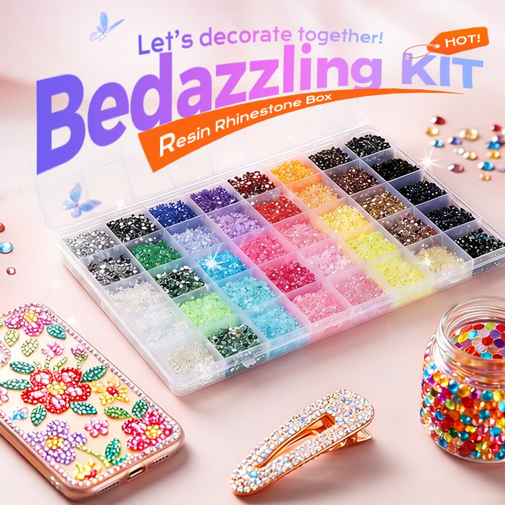 Close up of 48 color assortment of 3mm resin jelly rhinestones