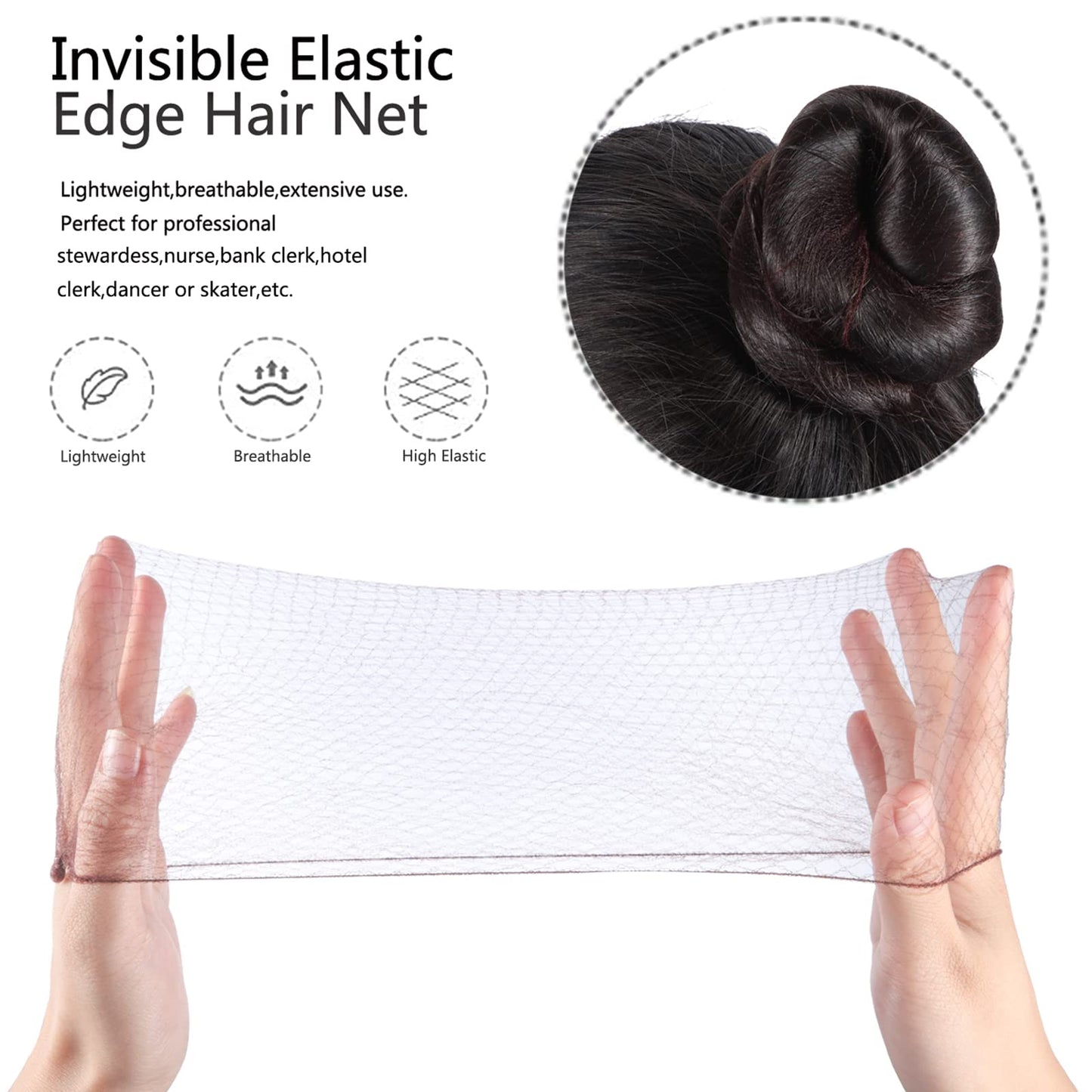 Brown nylon mesh ballet bun nets showing fifty centimeters maximum stretch length.
