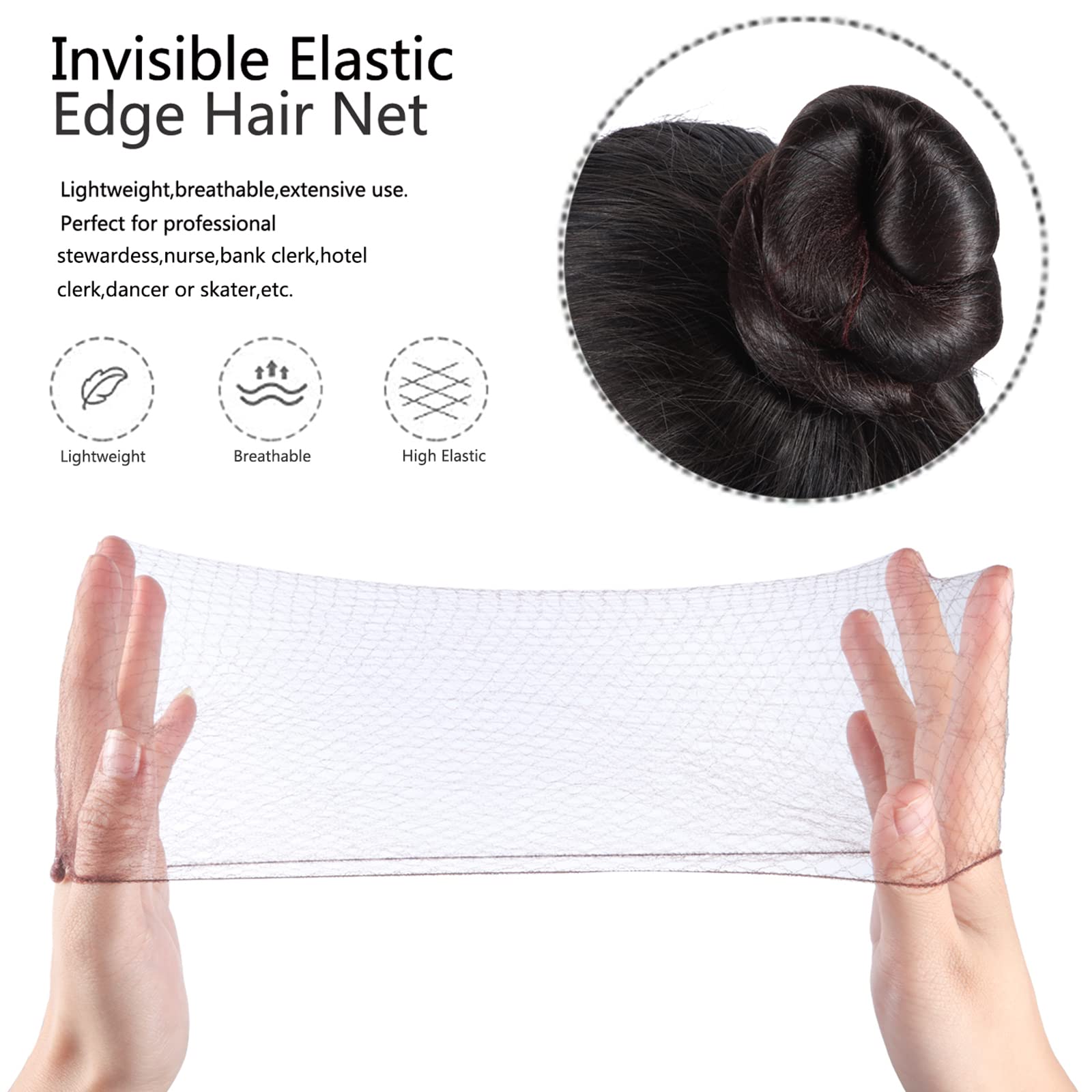 Brown nylon mesh ballet bun nets showing fifty centimeters maximum stretch length.