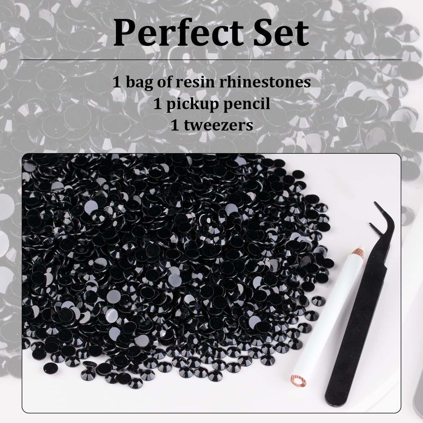 Hand holding wax pickup pencil applying black resin gems to nails