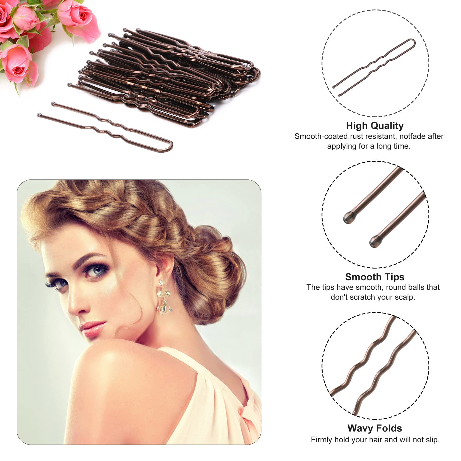 Demonstration of Cehony brown metal pins securing a classic French twist hairstyle.