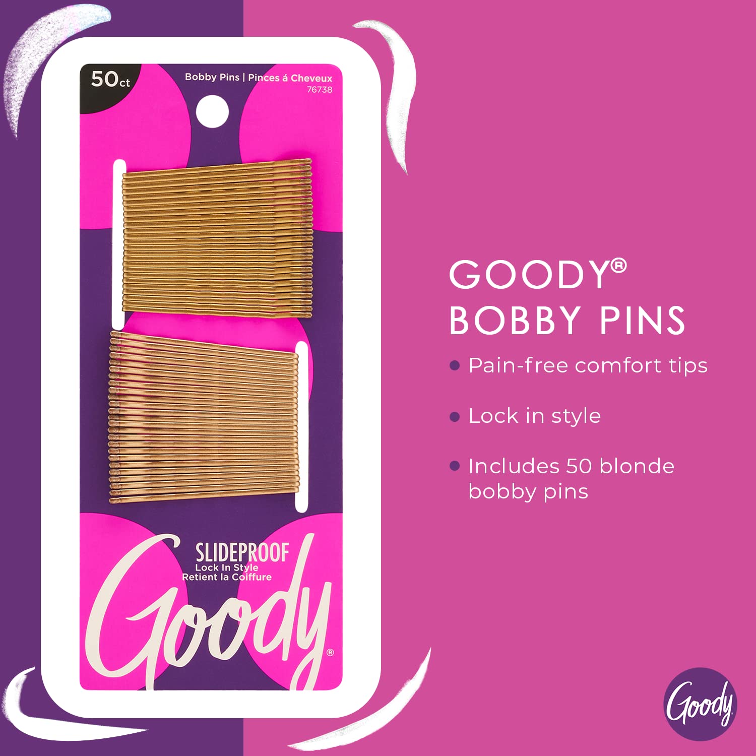 Side view of metallic blonde bobby pins by Goody