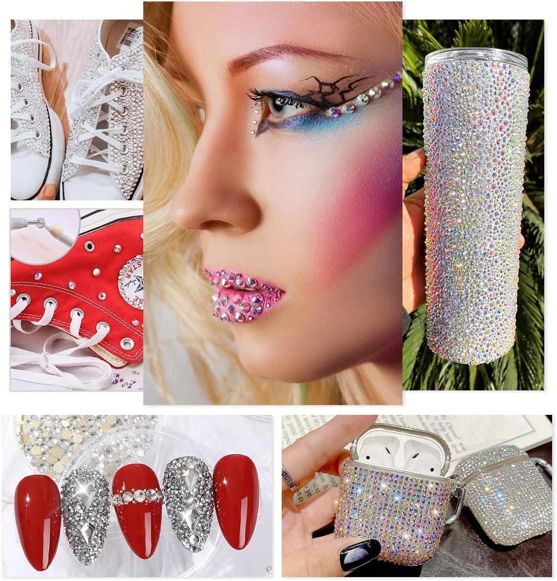 Flatback resin rhinestones arranged by size on white background