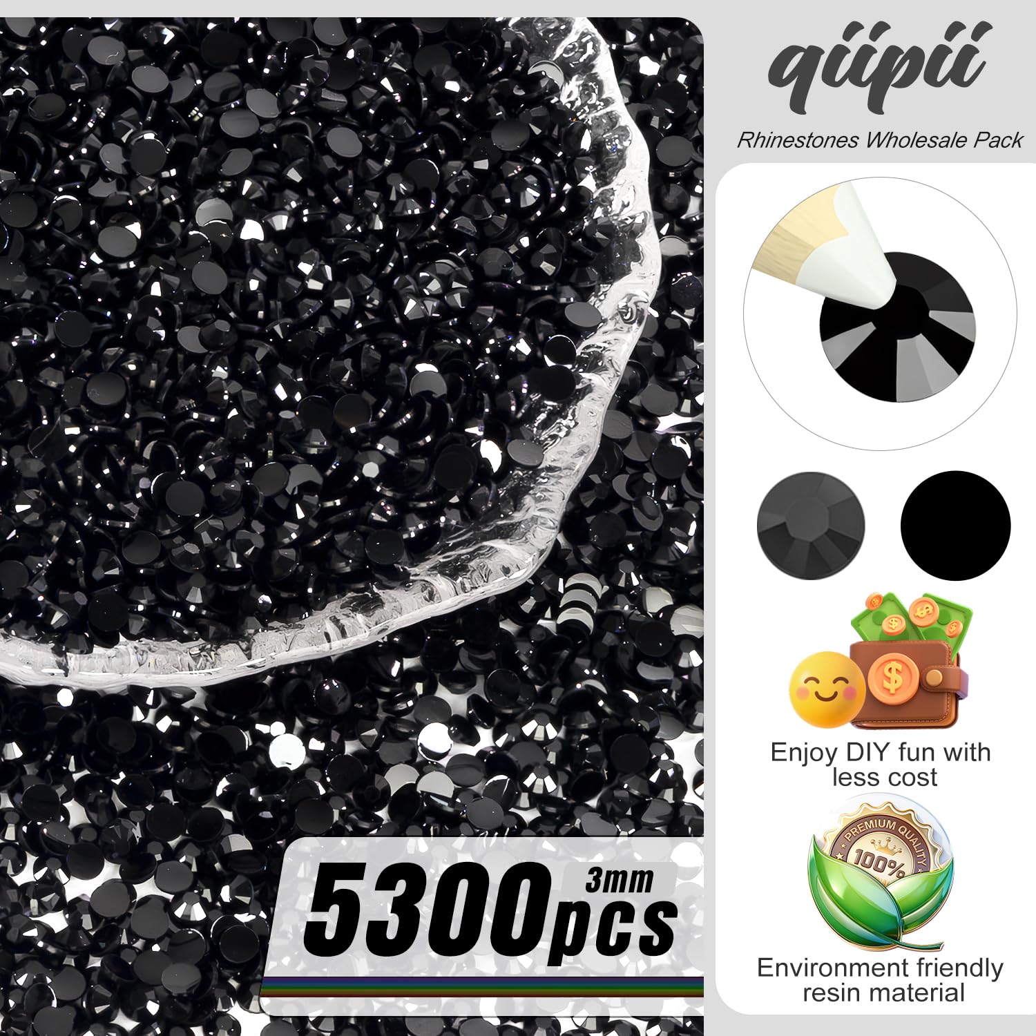 Close up view of 3mm black flat back jelly stones