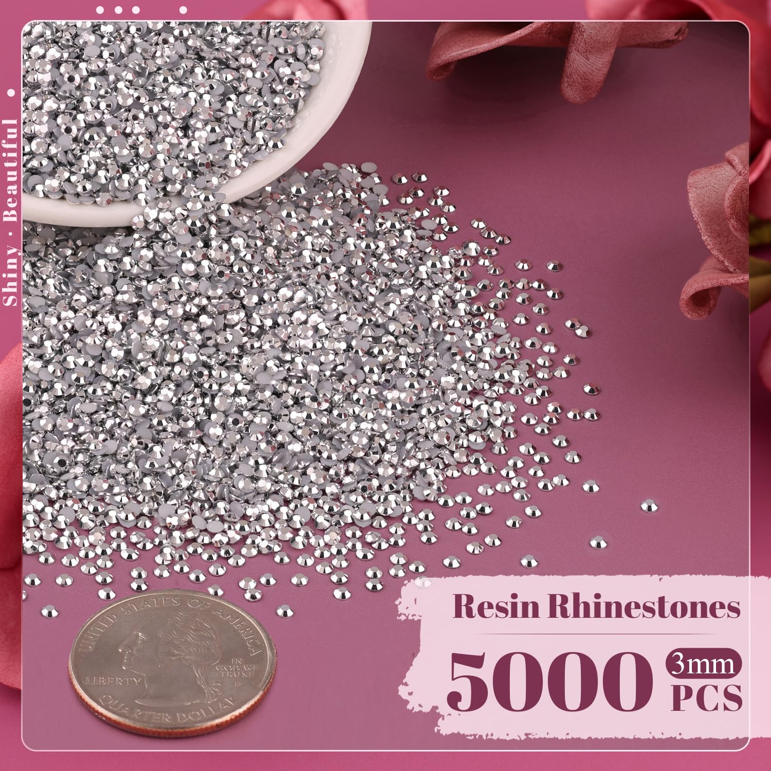 Close up of 3mm silver flatback crystals with application tools