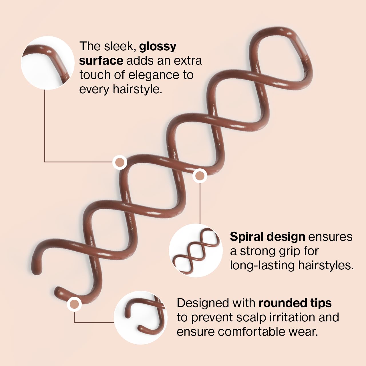 Close up view of three piece Kitsch brown spiral spin hair pins showing rounded tips.