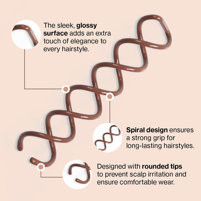 Close up view of three piece Kitsch brown spiral spin hair pins showing rounded tips.