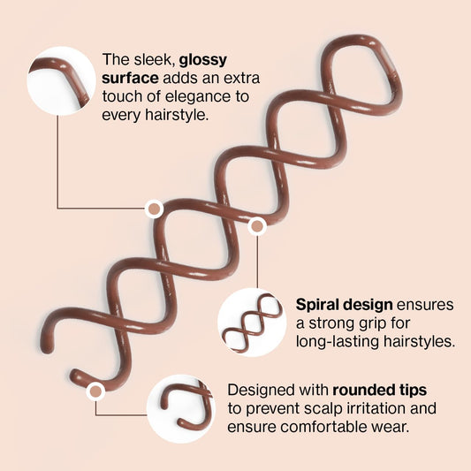 Close up view of three piece Kitsch brown spiral spin hair pins showing rounded tips.