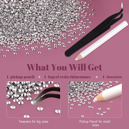 Full kit contents including rhinestones tweezers and pickup pen