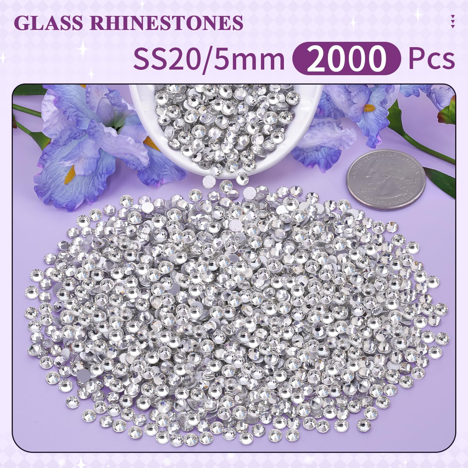 Close up of 5mm clear glass flatback rhinestones