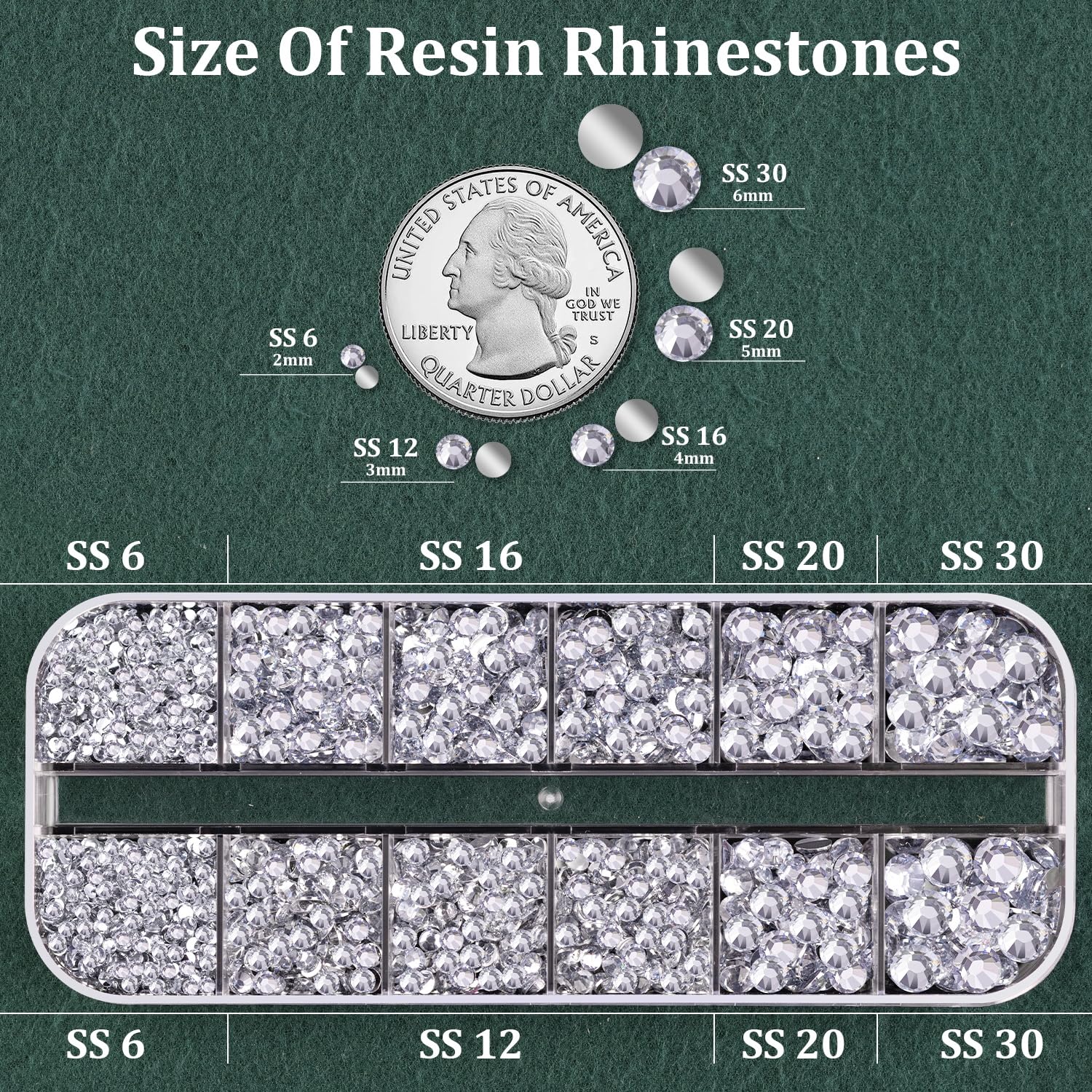 Close up of 12-grid flatback crystal rhinestone storage box