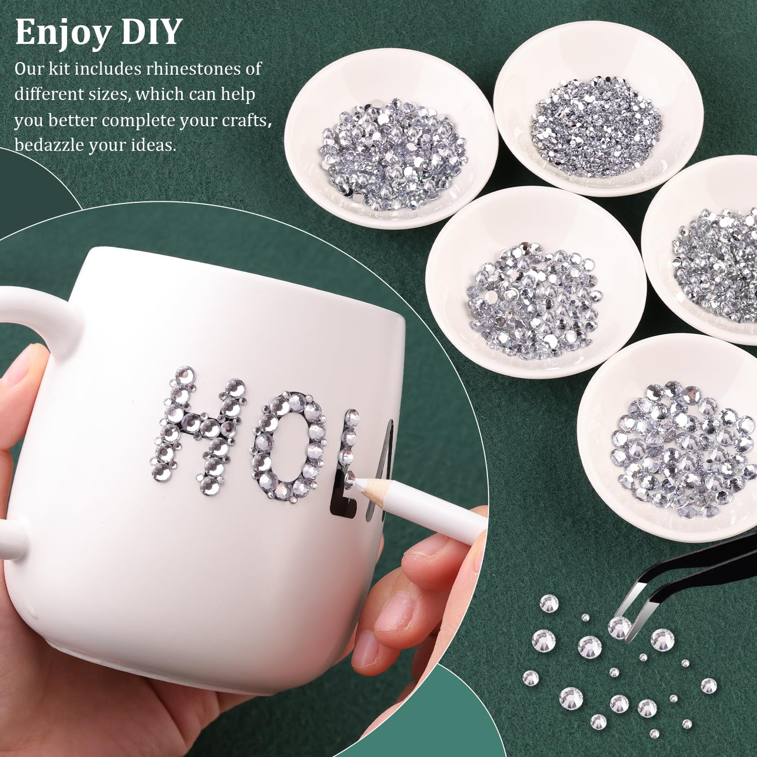 Tools included: tweezers and wax picker pencil for gems