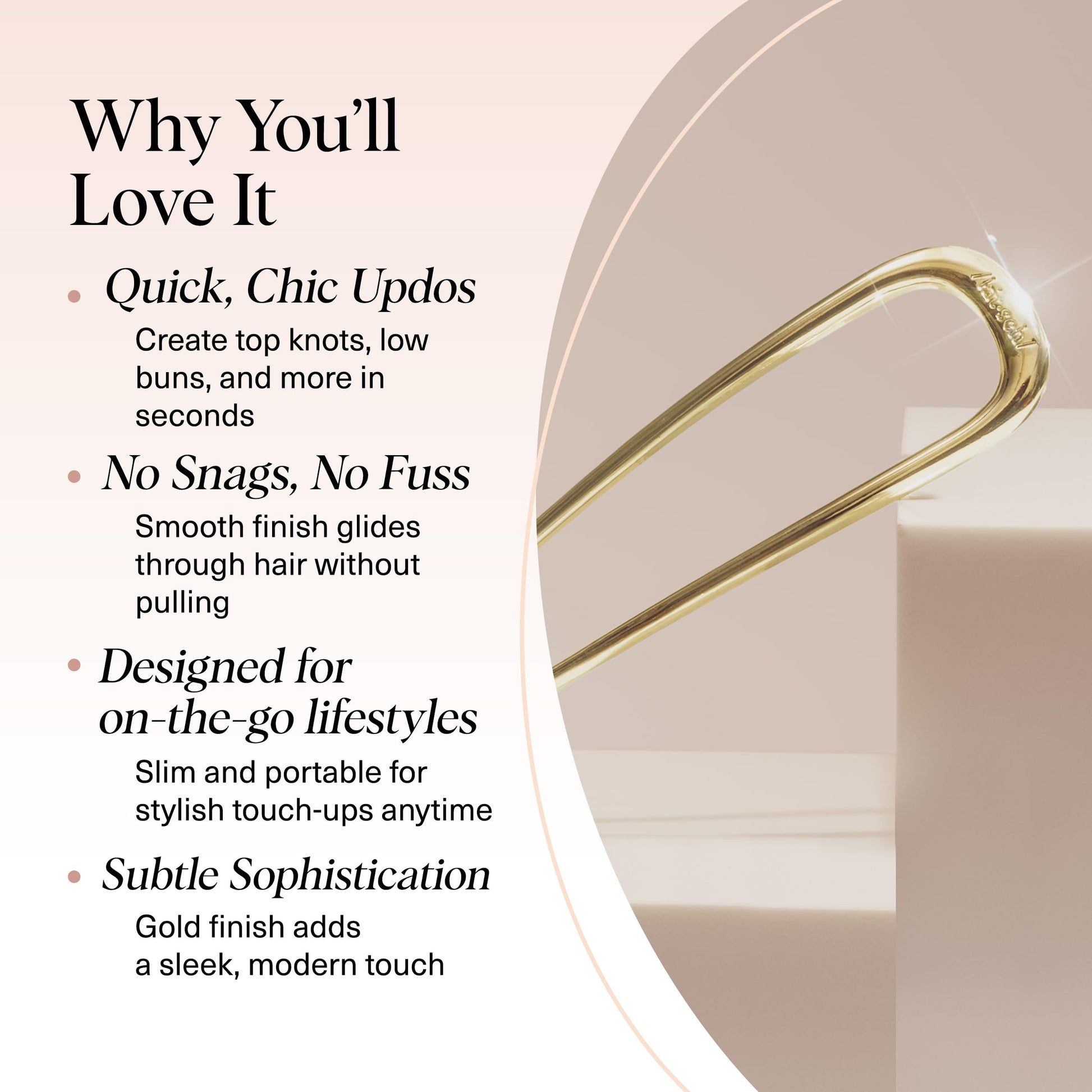 Elegant metal French twist hair fork in a glossy gold finish
