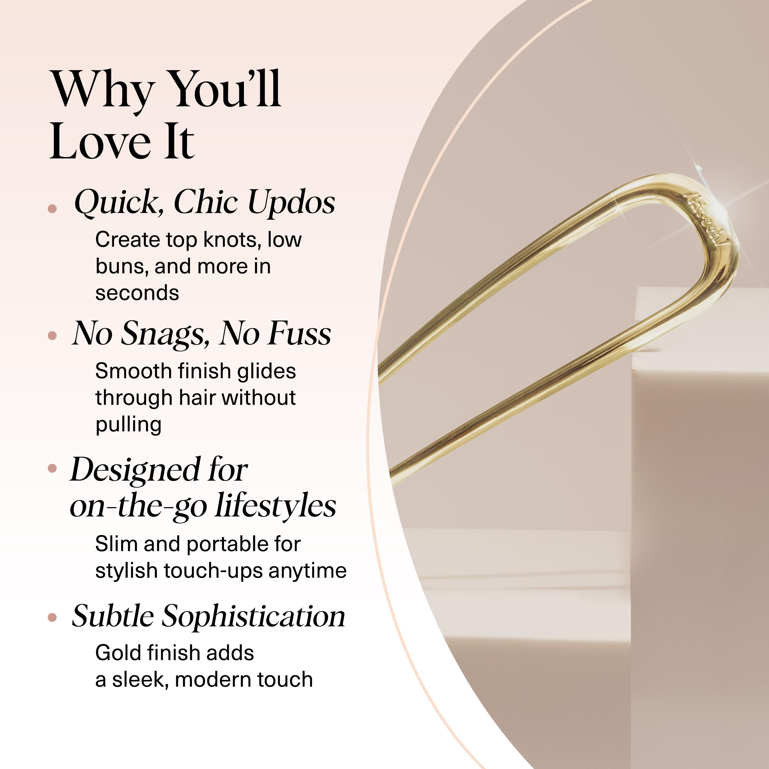 Elegant metal French twist hair fork in a glossy gold finish