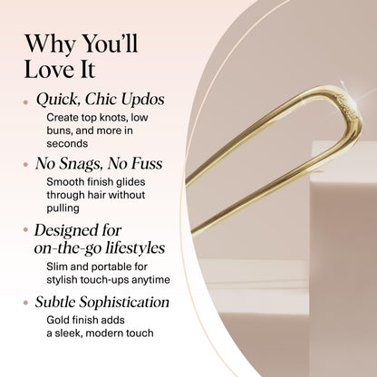 Elegant metal French twist hair fork in a glossy gold finish