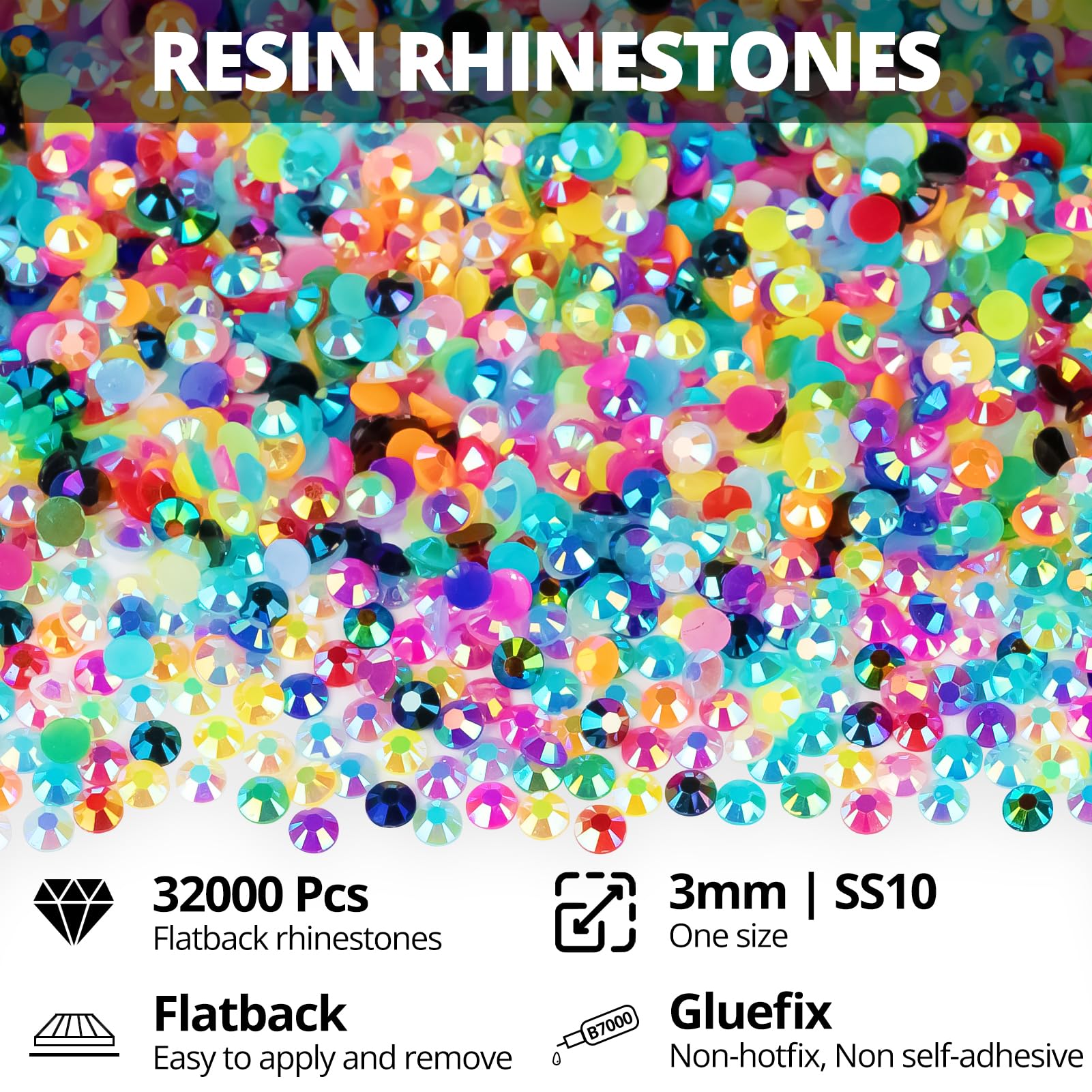 Detailed view of 3mm flatback resin colorful gemstones in storage box