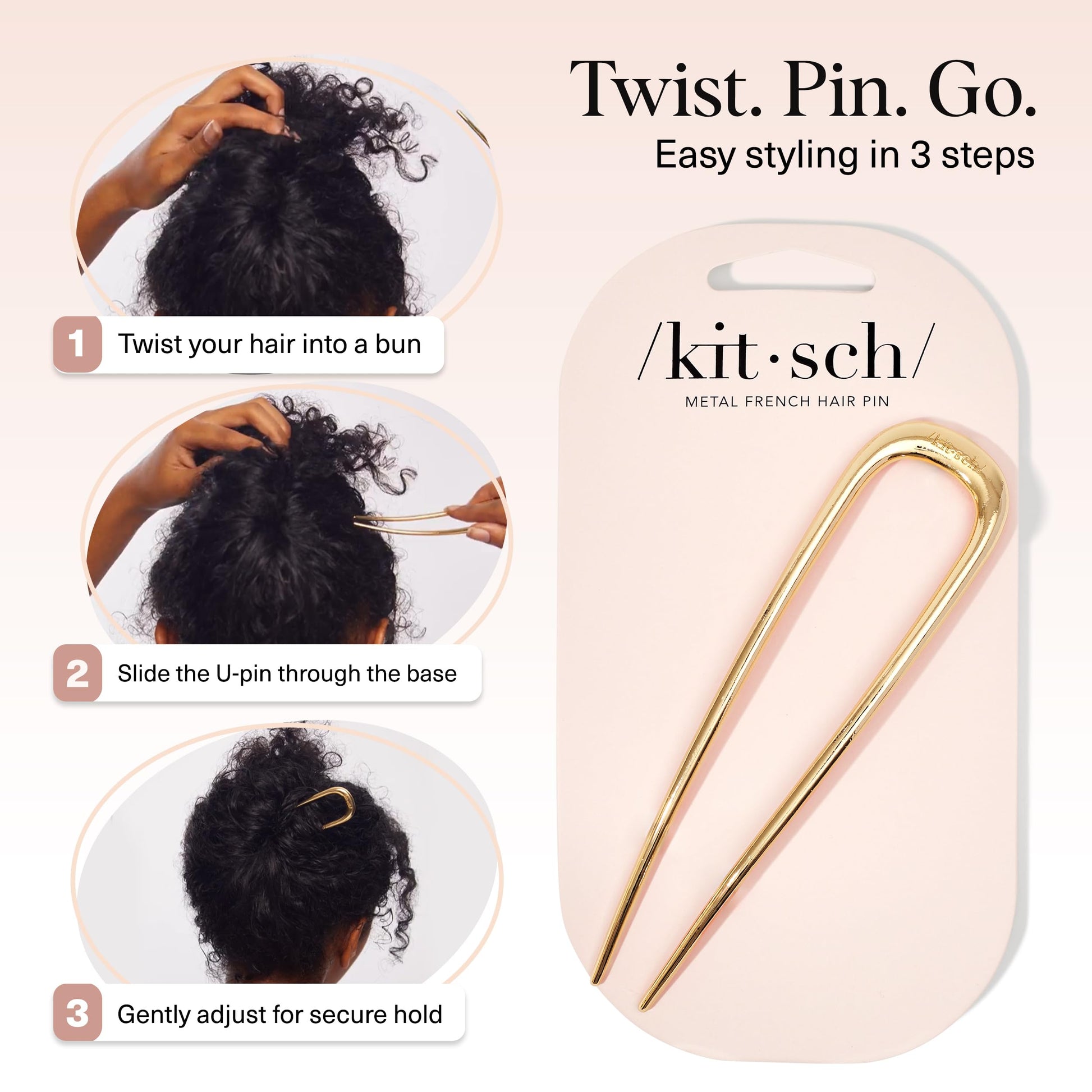 Kitsch premium imported gold hair pin packaging and product view