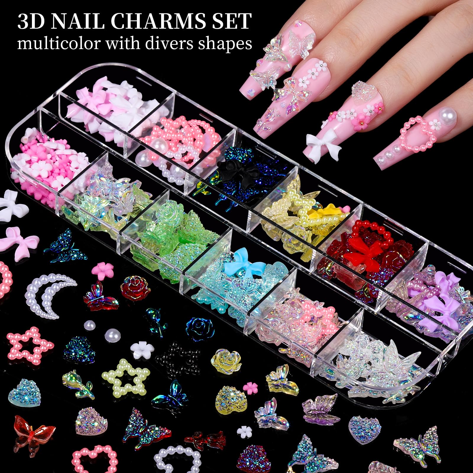 Fandamei 8-box nail art set with varied gems and pearls