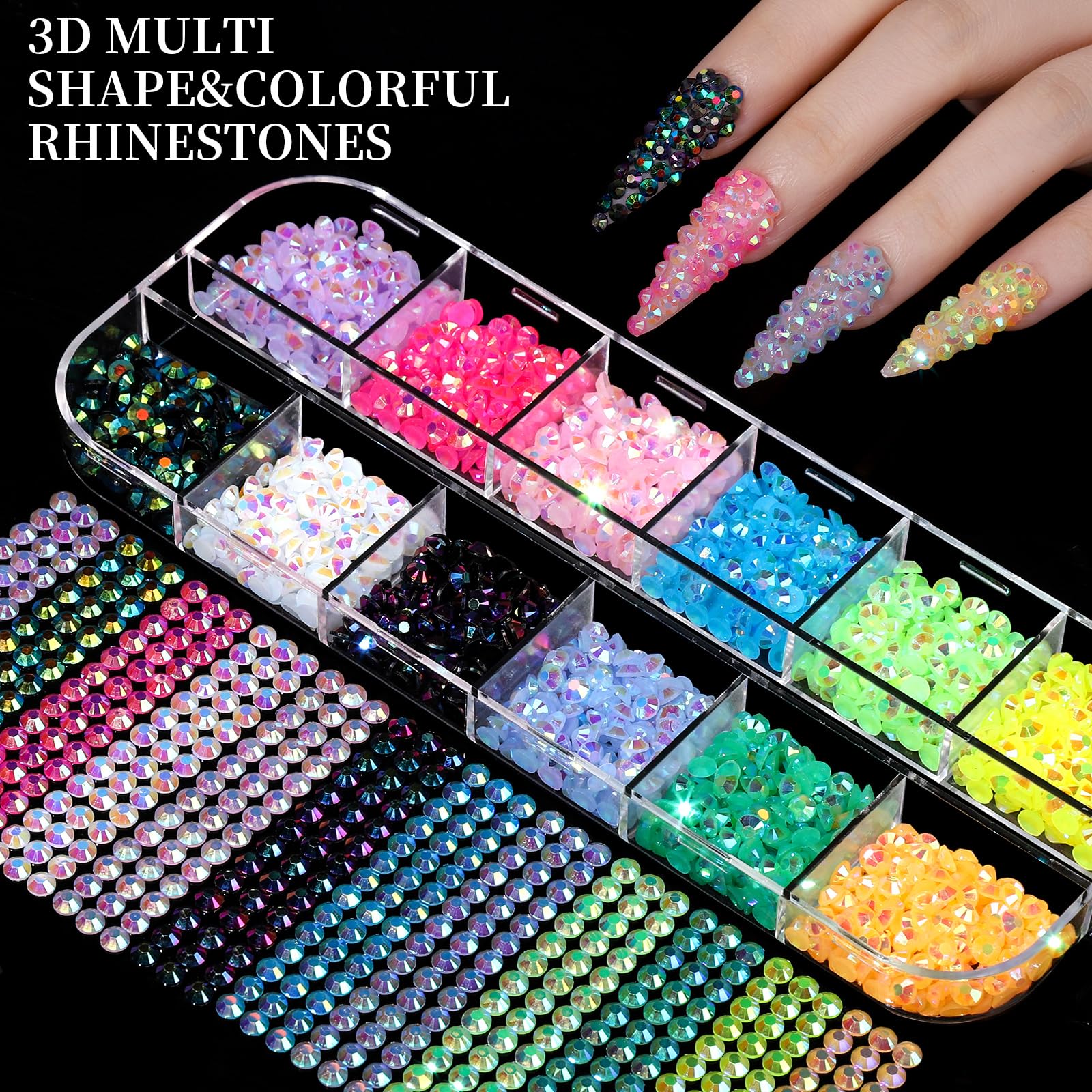 Close up of 3D nail charms and rhinestones in storage boxes