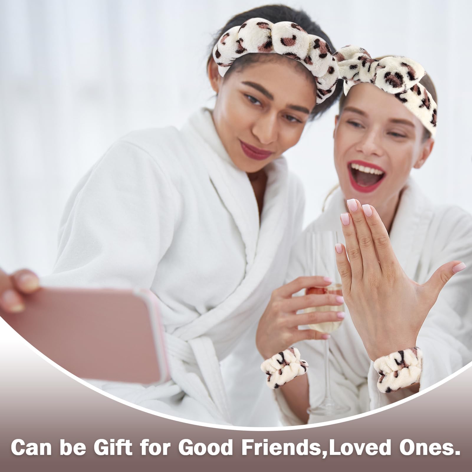 Model wearing Zkptops puffy spa headband and wristbands during face washing