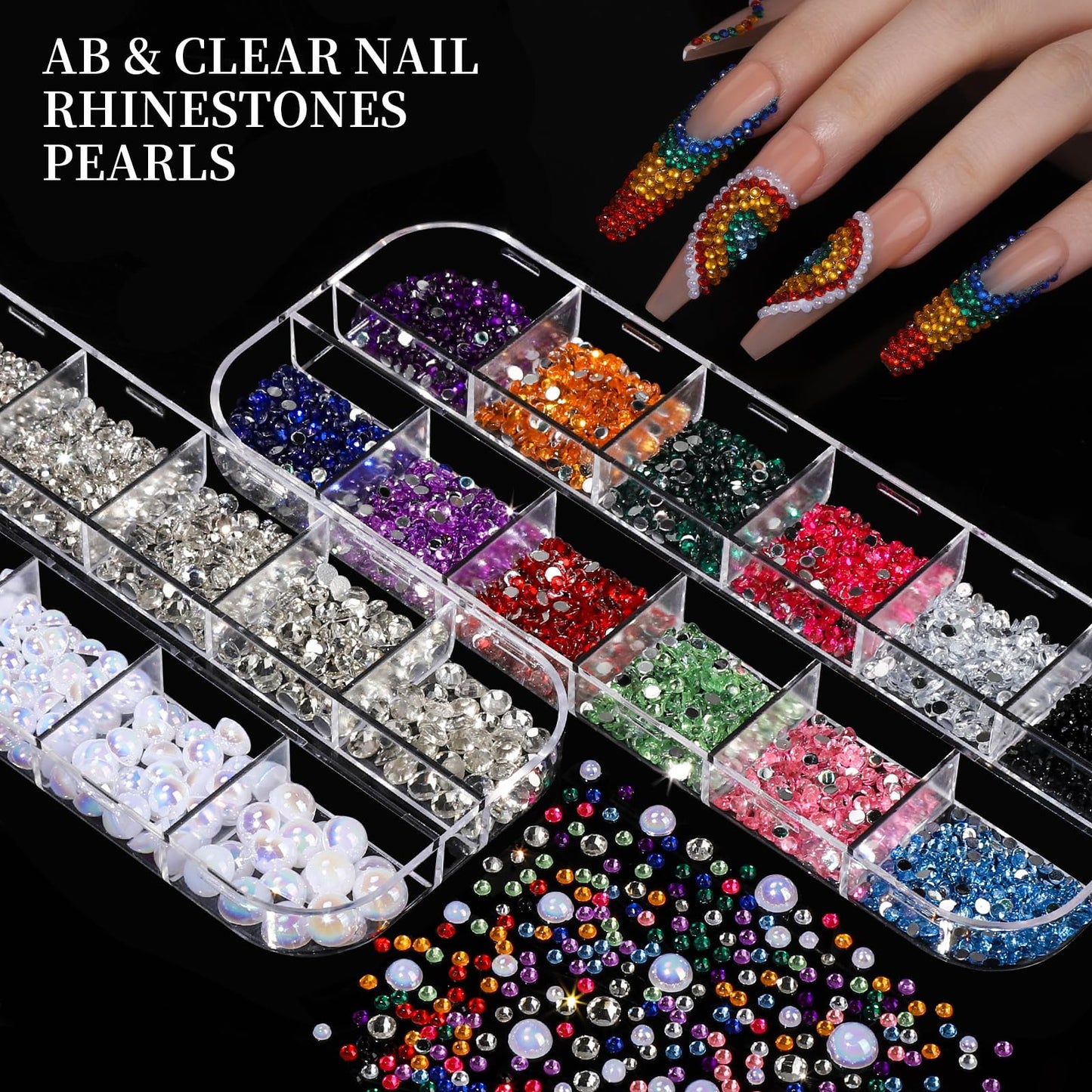 Assortment of Y2K nail art charms and colorful flatback rhinestones