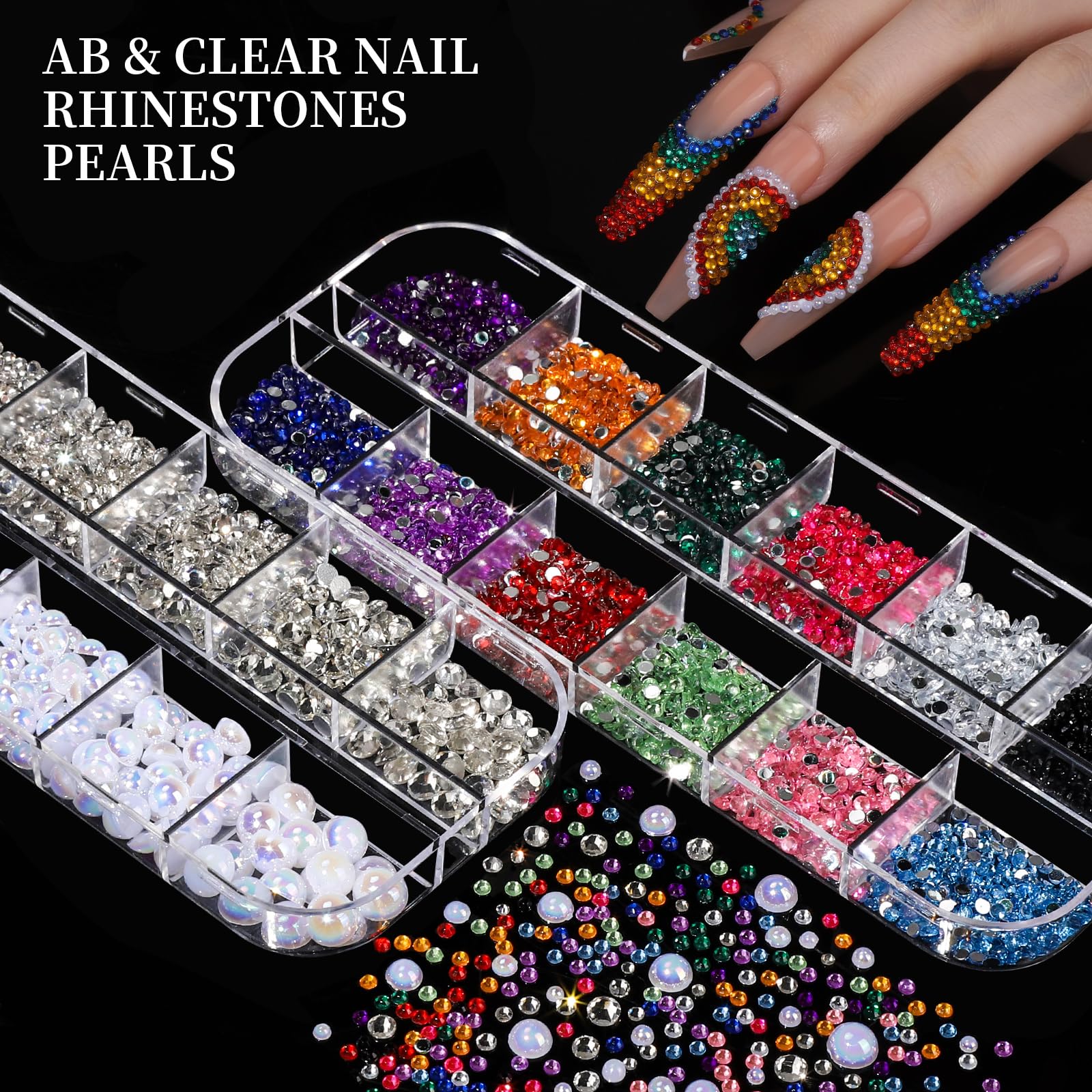 Assortment of Y2K nail art charms and colorful flatback rhinestones
