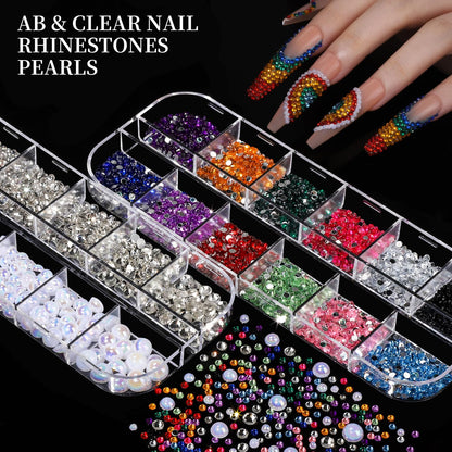 Assortment of Y2K nail art charms and colorful flatback rhinestones