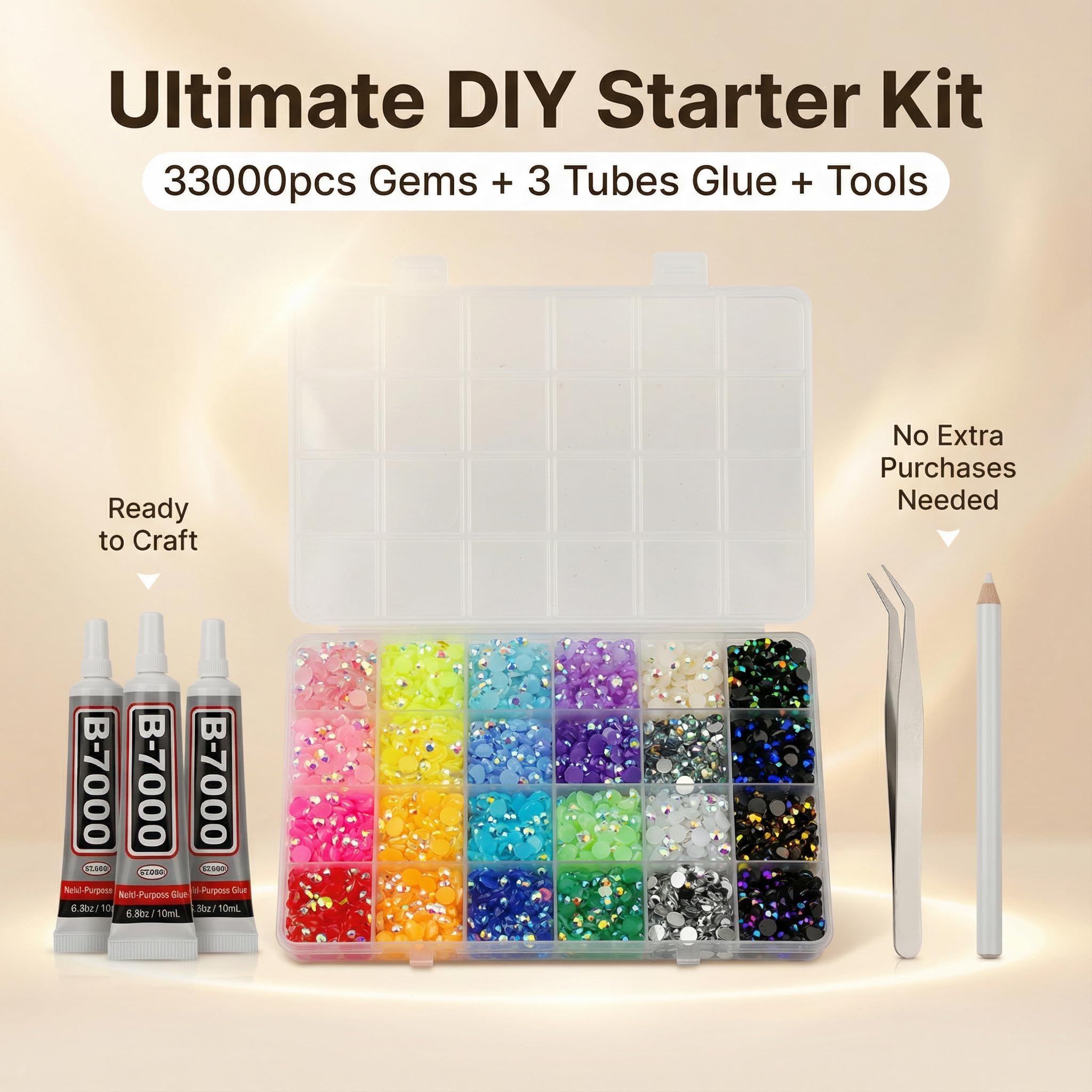 Close up of 3mm resin rhinestones in storage box