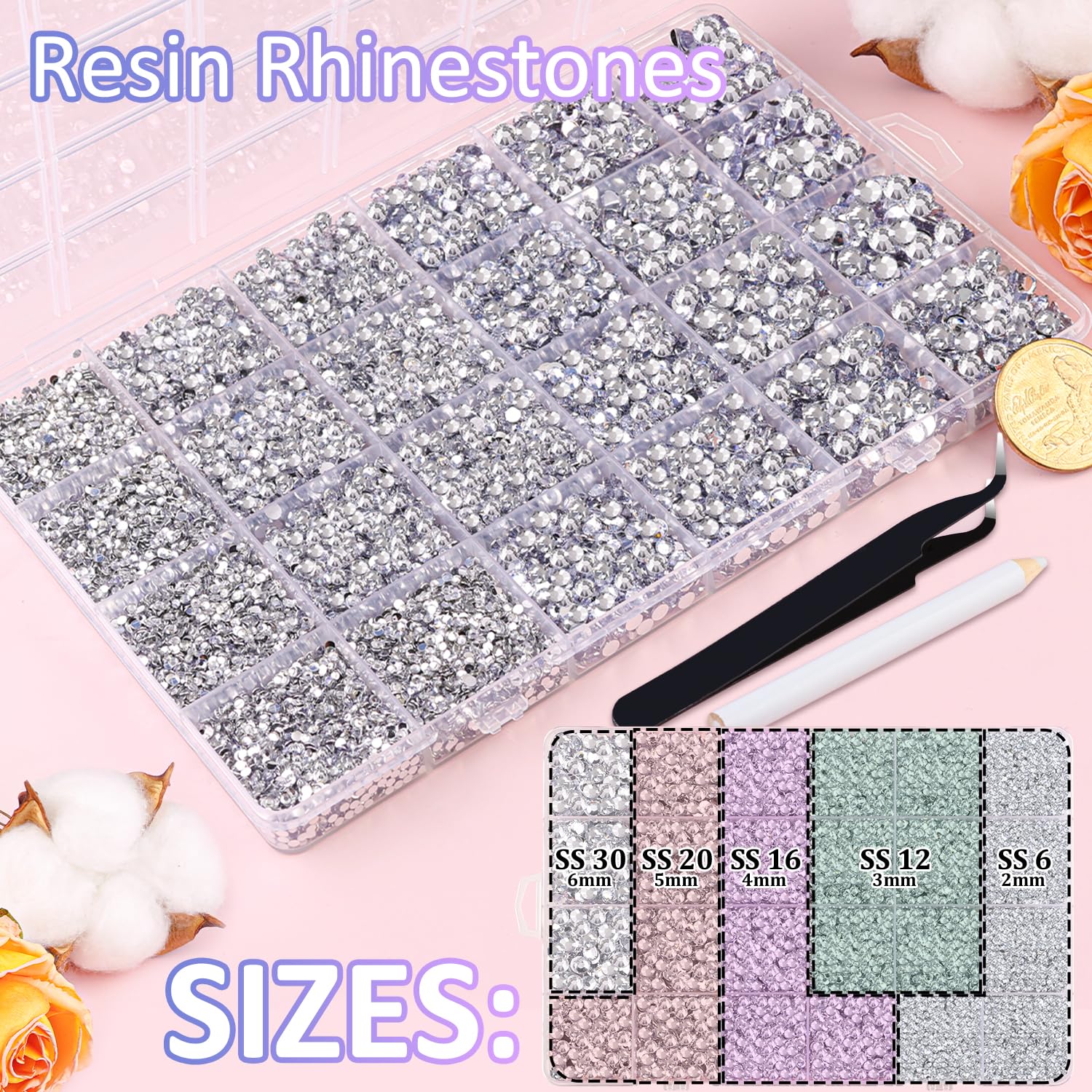 Close up view of silver clear flatback resin rhinestones in storage box