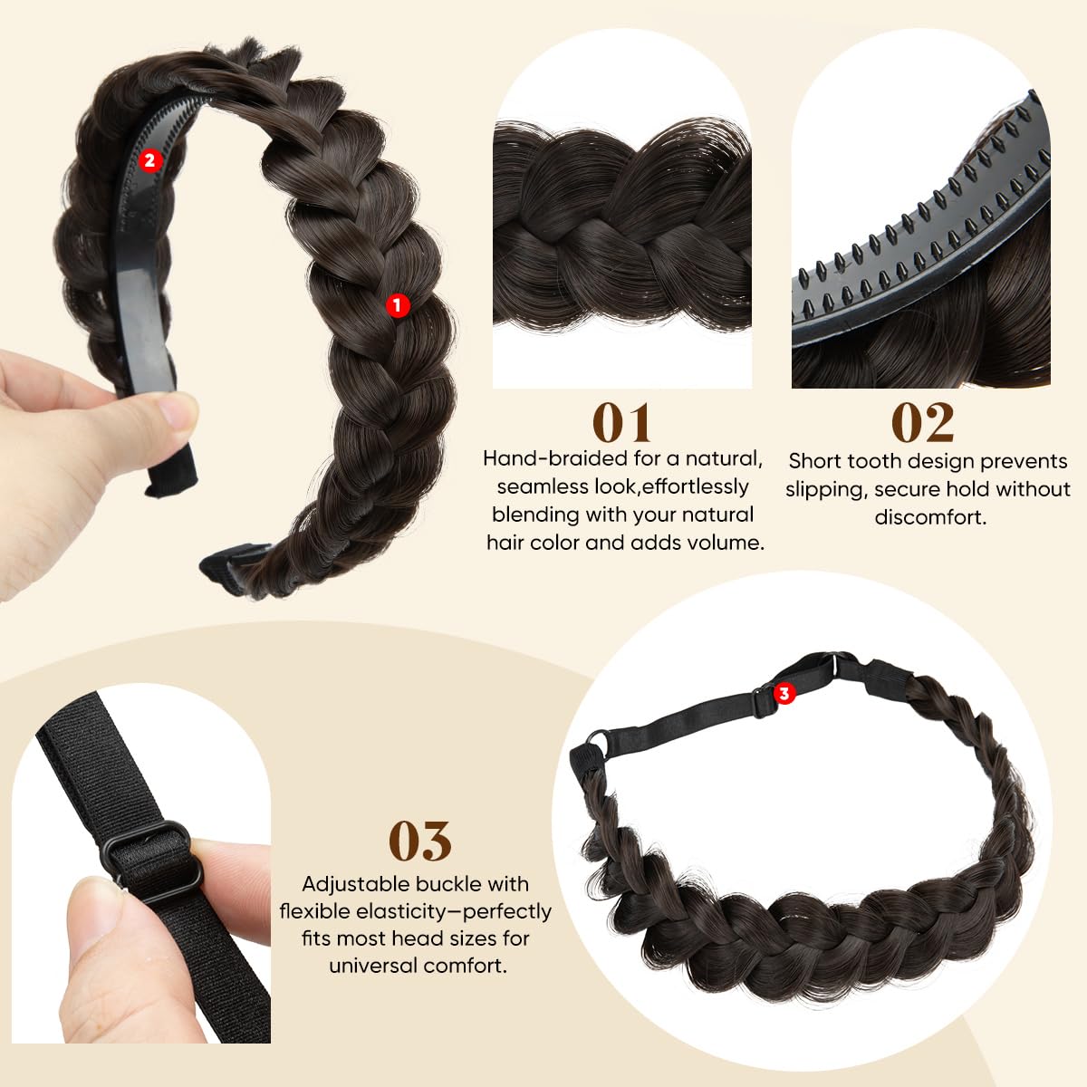 Elastic stretch headwrap dark brown hair piece