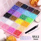 Close-up of multicolor flatback resin rhinestones in compartment grid