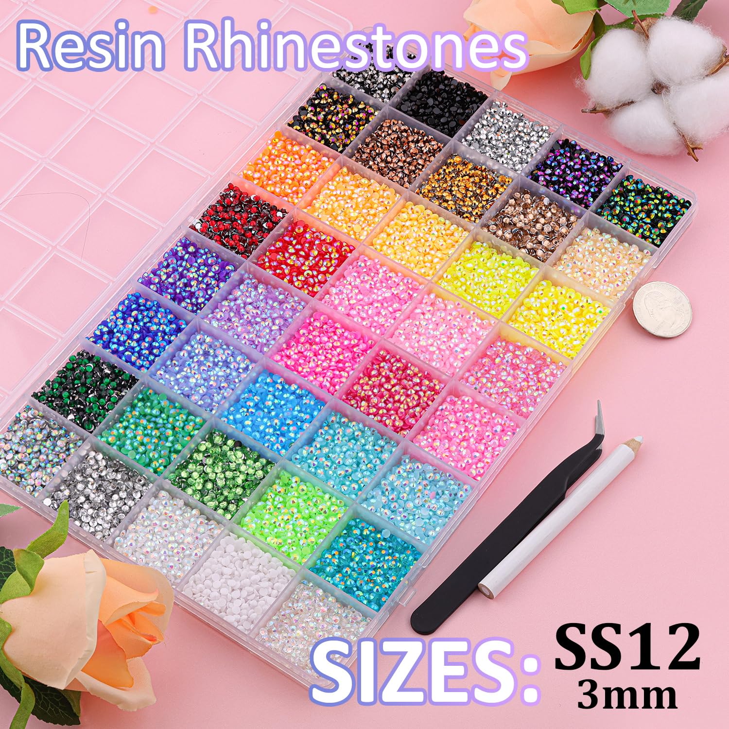 Close up of 3mm multicolor resin flatback gems in 40 grid box