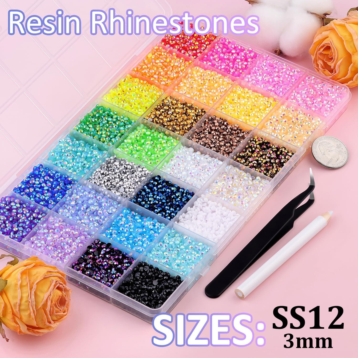 Close up of 3mm multicolor resin rhinestones in organized grid tray.