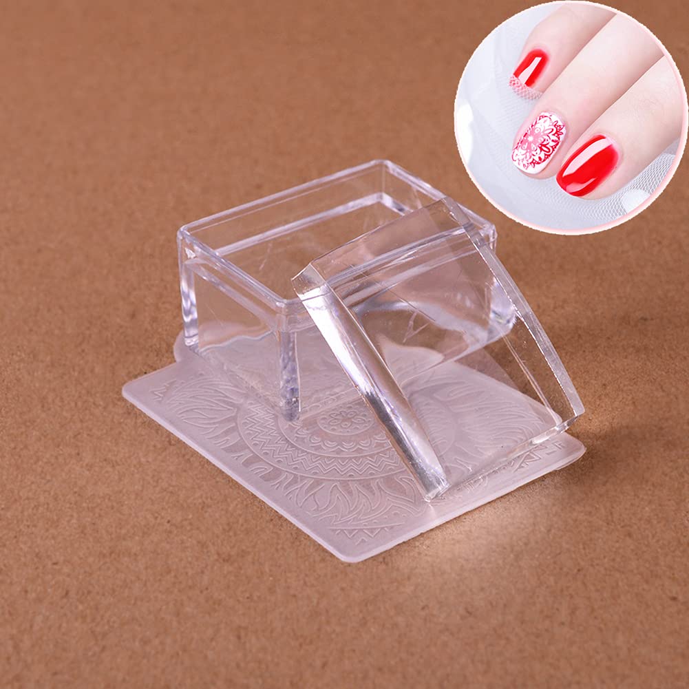 Close up of transparent jelly nail stamper tool for manicure