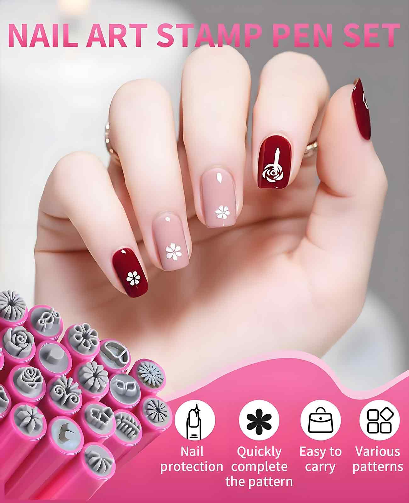 Collection of pink floral nail art stamp pens by Geyynow