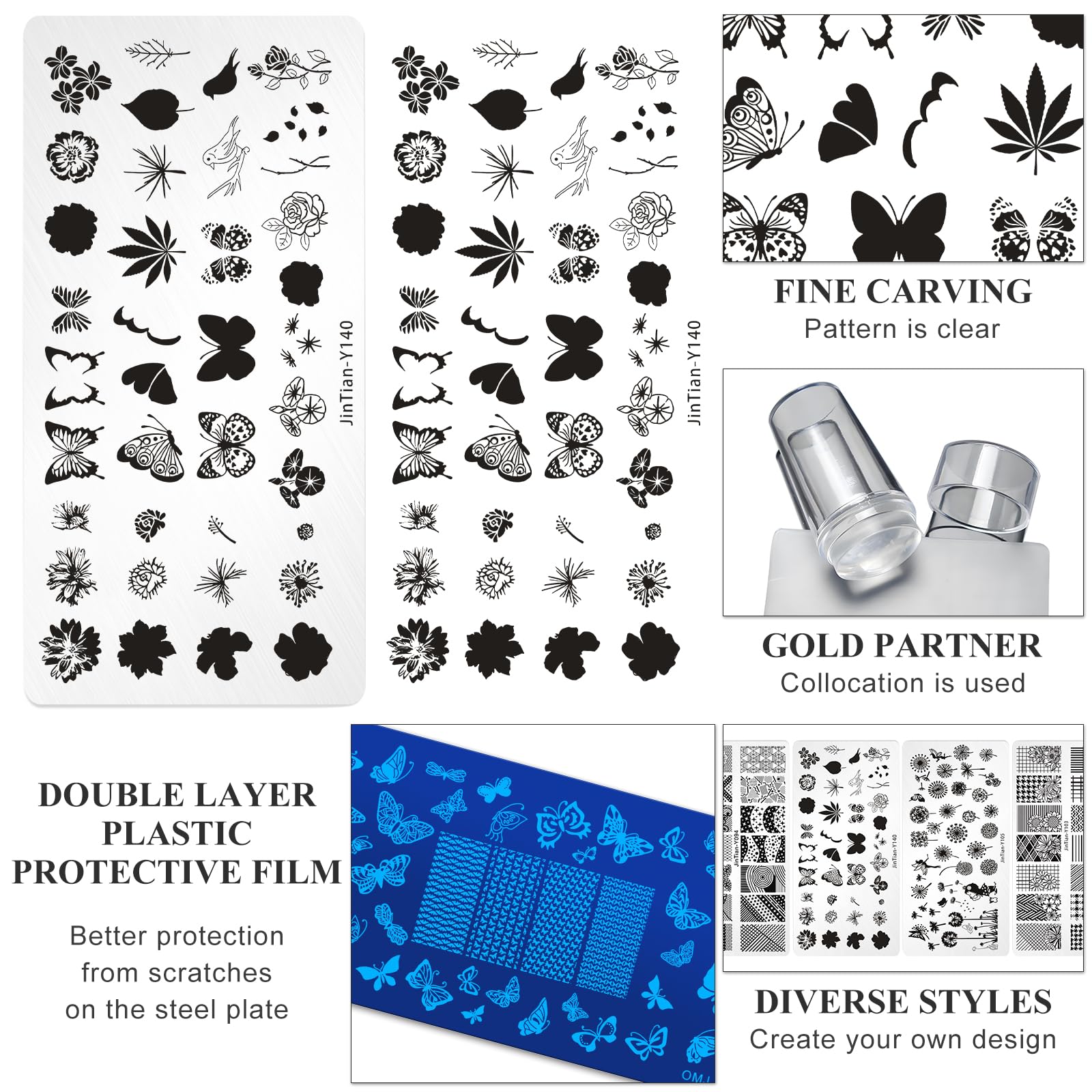 Stainless steel nail art plates with floral and butterfly designs