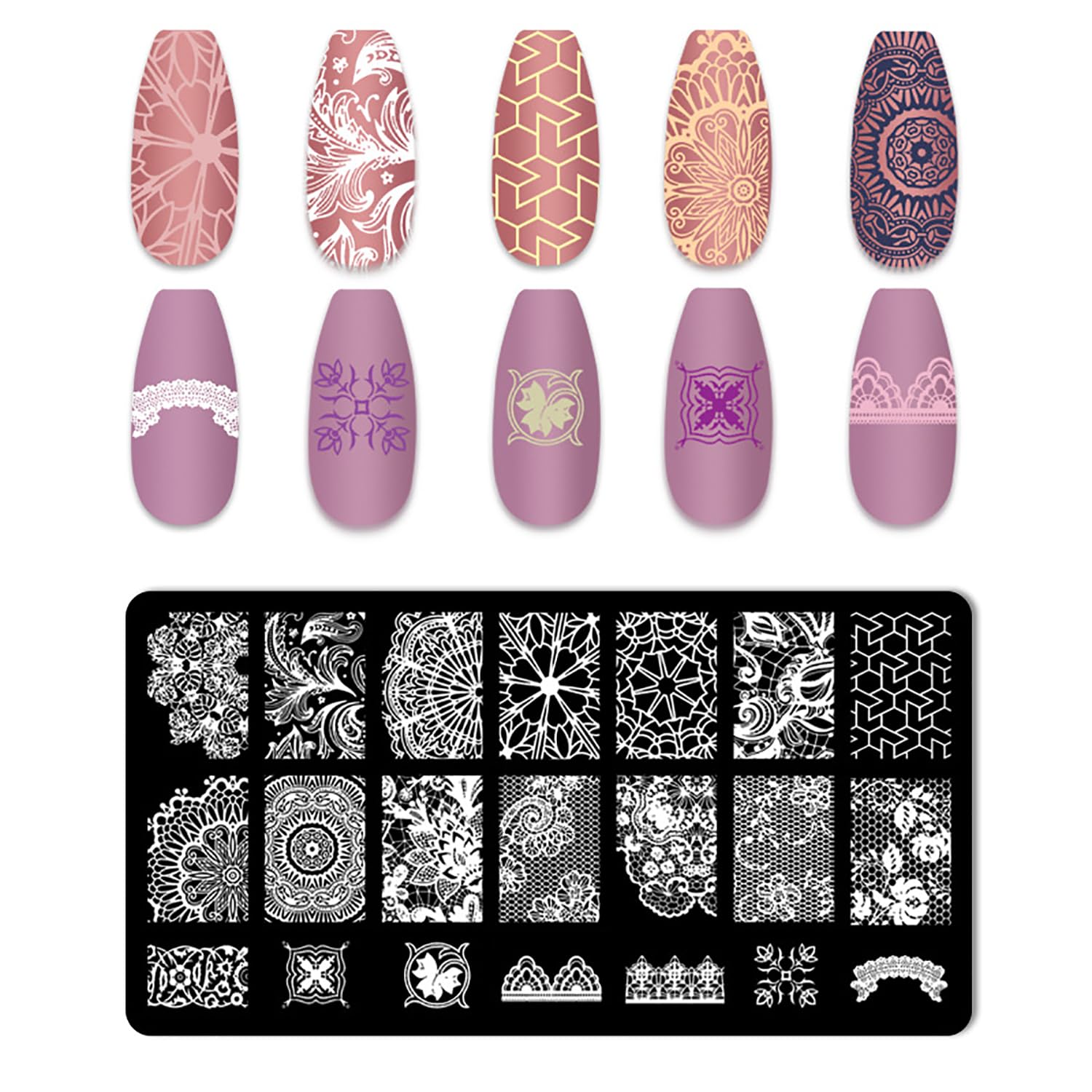 Detailed view of Molilon stainless steel nail art stamping plates