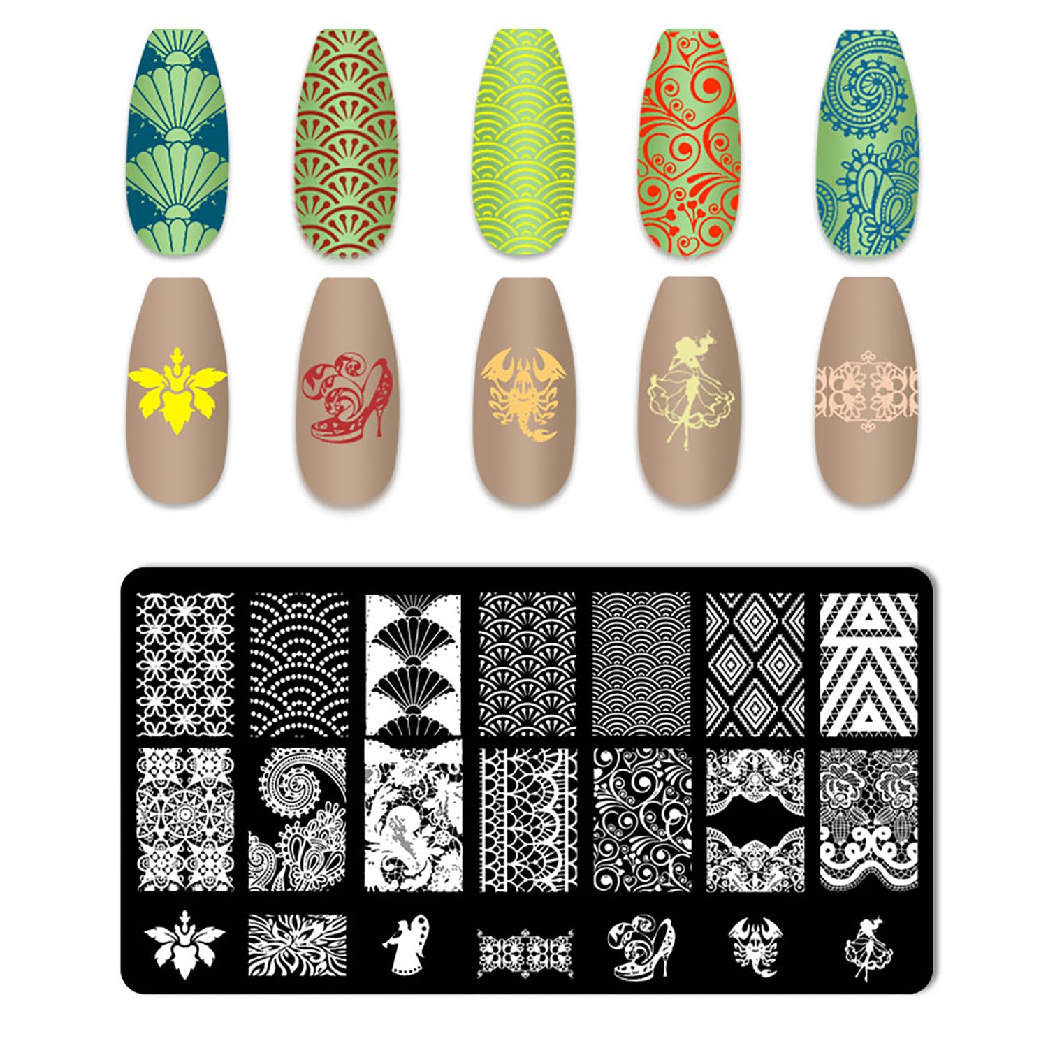 Top down view of flower and butterfly nail design stencils