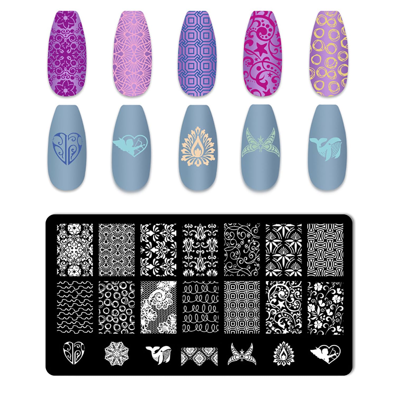 Manicure stamping kit contents including five plates and tools